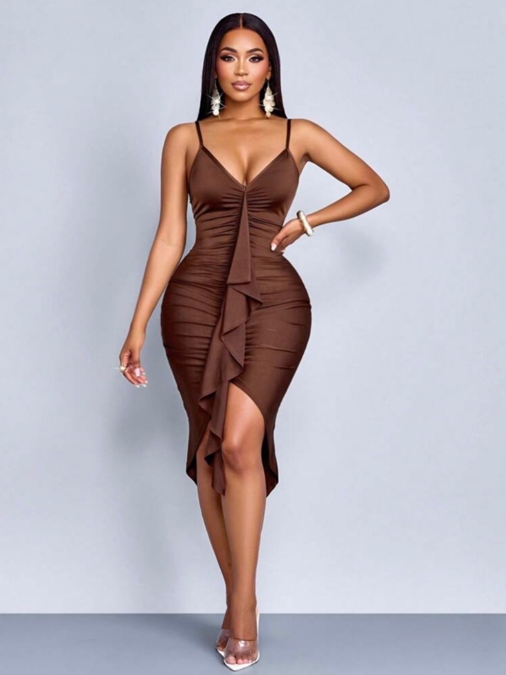 Brown Ruffle Front Bodycon Dress - Women's Elegant Evening Dress